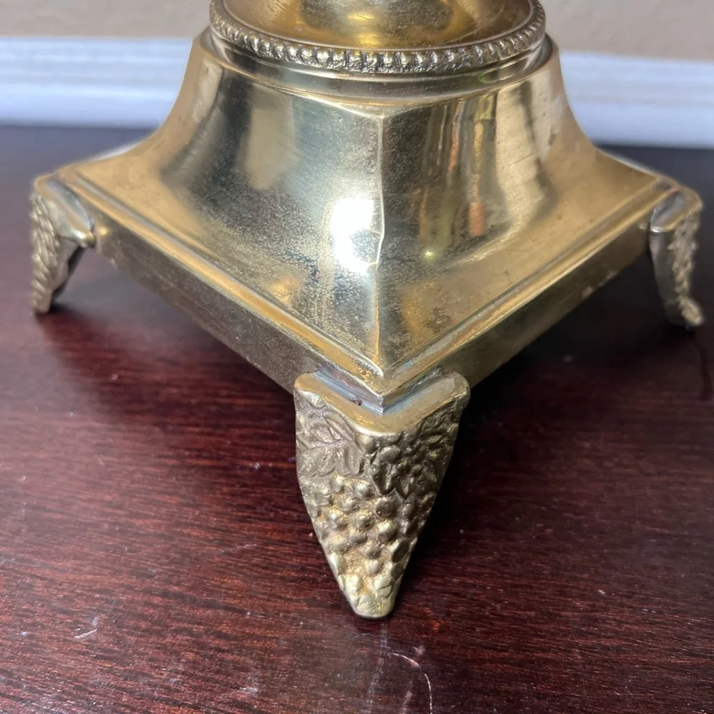 Mid-Century Brass Pedestal Urn Bowl – Pierced Rim, Vine Handles, Grape Cluster